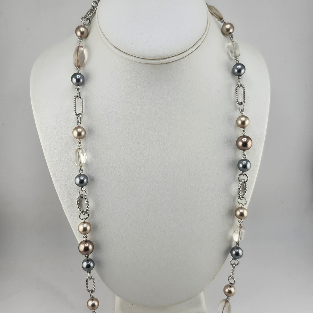 Long Beaded Necklace Silver Tone Gray Taupe Clear Accent Beads